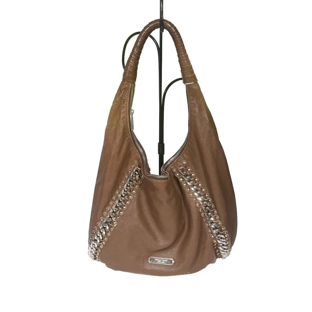 Michael Kors Brown Leather Shoulder Bag Silver Accents Large Hobo Bag